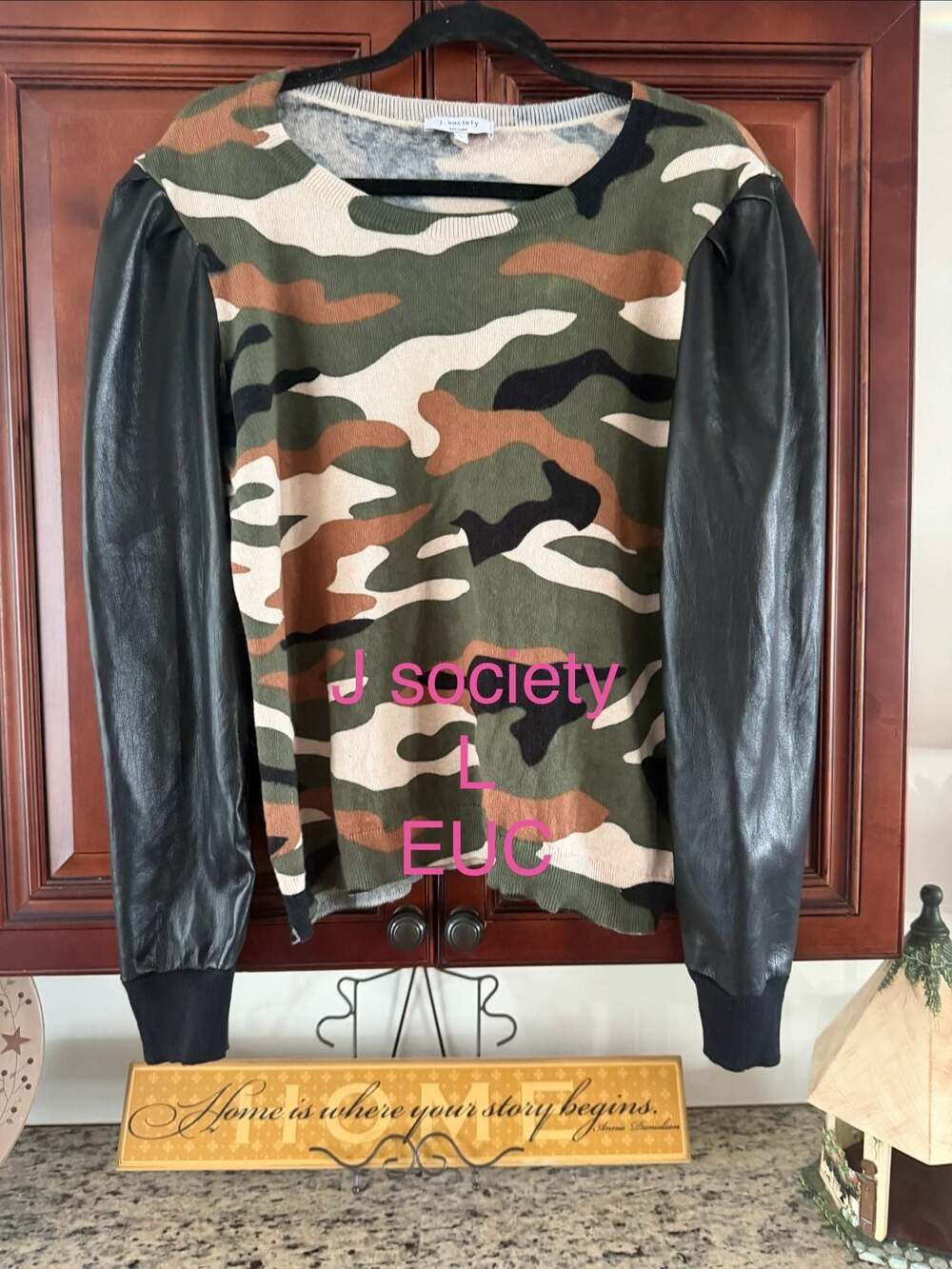 J. Society Camouflage Print Knit Sweater with Vegan Leather Puff Sleeves